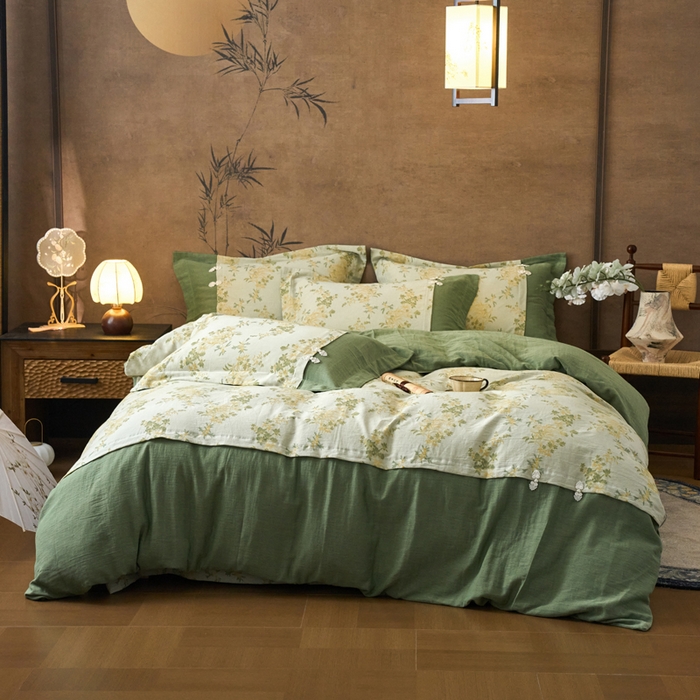 春皖家纺 2026新款全棉提花双层纱盘扣四件套-旗袍风系列 青栀