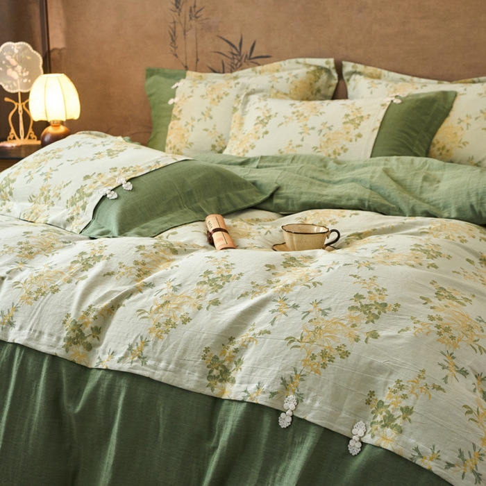 91家纺网 家纺一手货源 找家纺 春皖家纺 2026新款全棉提花双层纱盘扣四件套-旗袍风系列 青栀