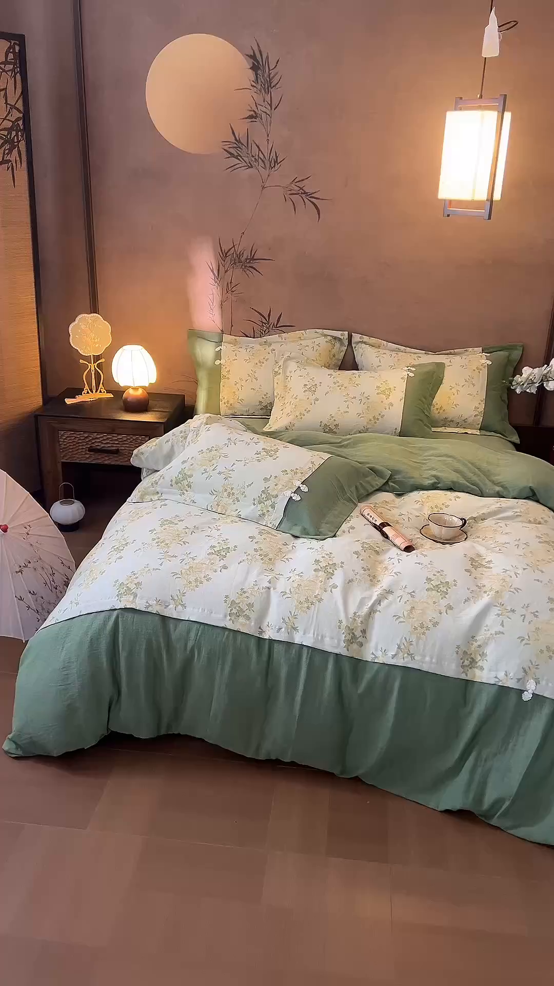 91家纺网 家纺一手货源 找家纺 春皖家纺 2026新款全棉提花双层纱盘扣四件套-旗袍风系列 青栀