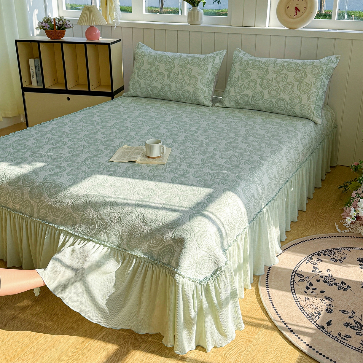 女子家纺 2026新款A类凉豆豆凉感提花床裙席-玫瑰物语系列 玫瑰物语-优雅绿