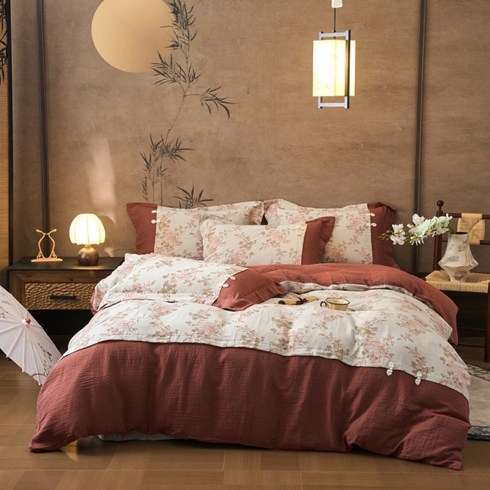 春皖家纺 2026新款全棉提花双层纱盘扣四件套-旗袍风系列 玉茗