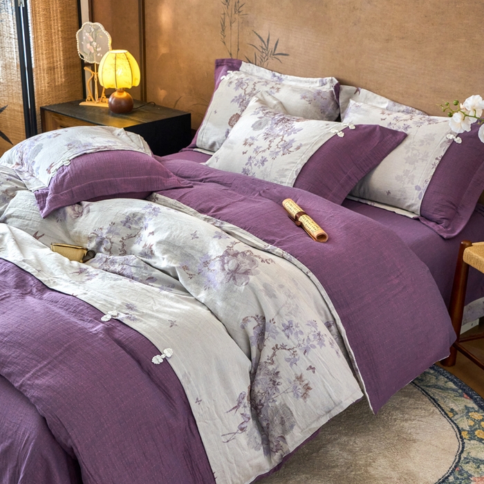 91家纺网 家纺一手货源 找家纺 春皖家纺 2026新款全棉提花双层纱盘扣四件套-旗袍风系列 紫气东来