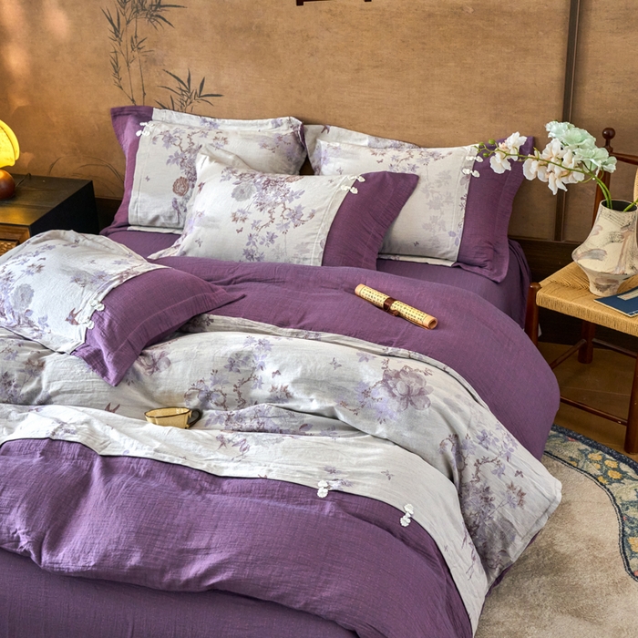 91家纺网 家纺一手货源 找家纺 春皖家纺 2026新款全棉提花双层纱盘扣四件套-旗袍风系列 紫气东来