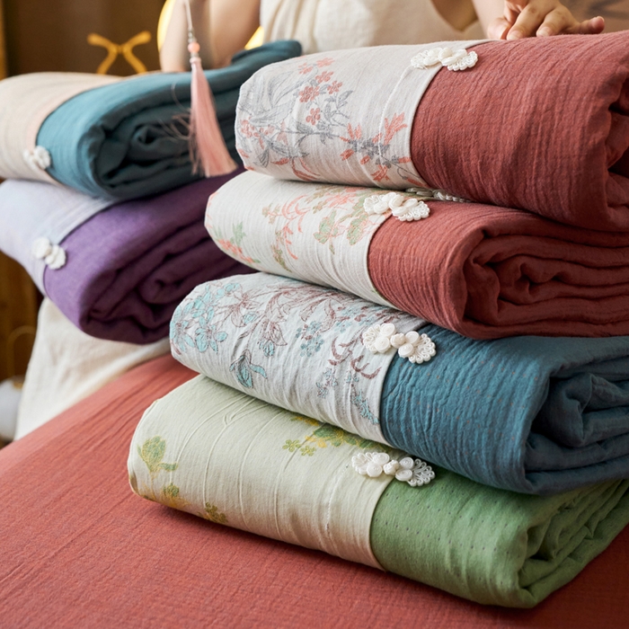 91家纺网 家纺一手货源 找家纺 春皖家纺 2026新款全棉提花双层纱盘扣四件套-旗袍风系列 组合图