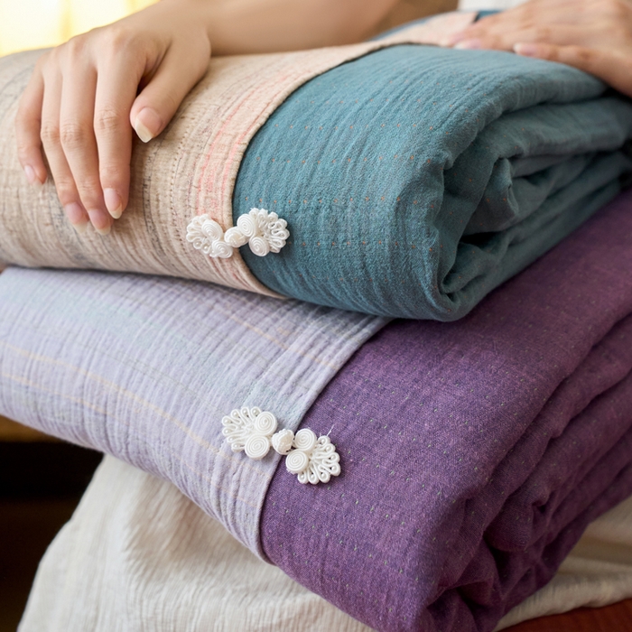 91家纺网 家纺一手货源 找家纺 春皖家纺 2026新款全棉提花双层纱盘扣四件套-旗袍风系列 组合图