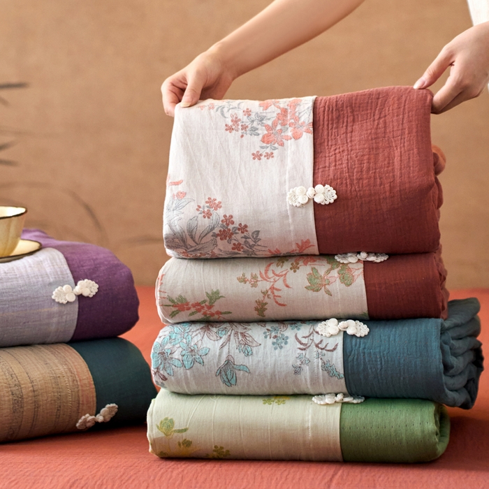 91家纺网 家纺一手货源 找家纺 春皖家纺 2026新款全棉提花双层纱盘扣四件套-旗袍风系列 组合图