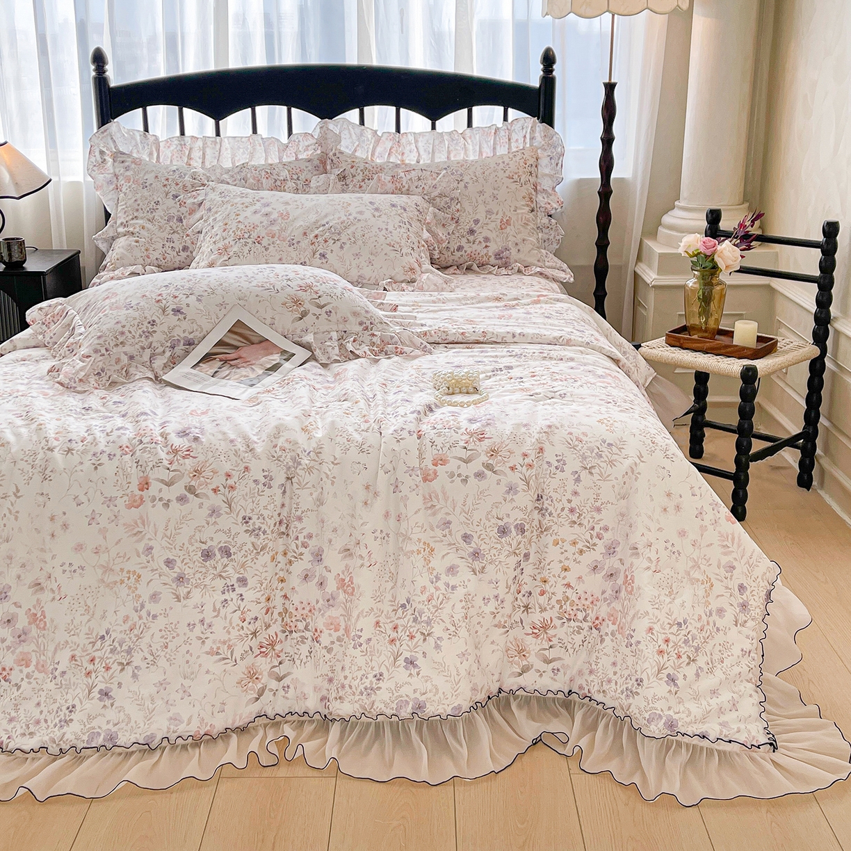 91家纺网 家纺一手货源 找家纺 宜凡家纺 2026新款全棉数码印花夏被床裙四件套③号系列 漫枝