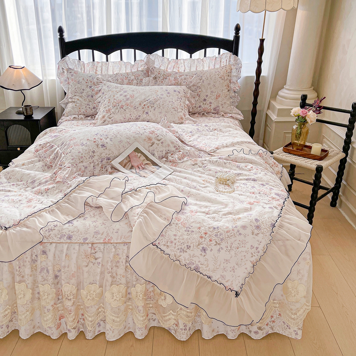 91家纺网 家纺一手货源 找家纺 宜凡家纺 2026新款全棉数码印花夏被床裙四件套③号系列 漫枝