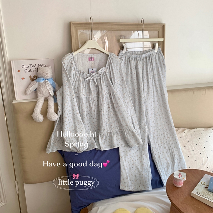 91家纺网 家纺一手货源 找家纺 妍景家居生活馆 2026新款蝴蝶结双层纱碎花套装 雾蓝花语