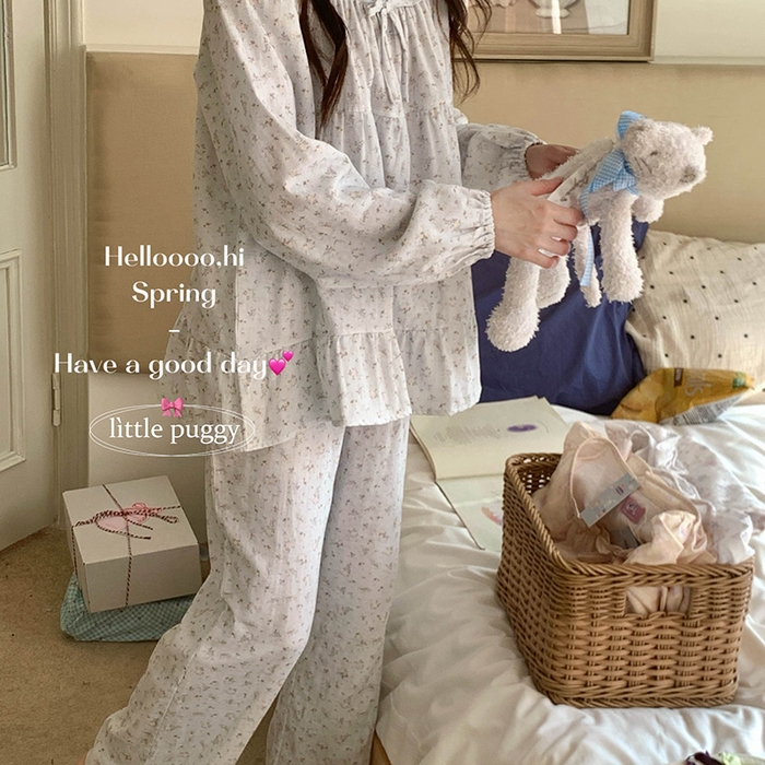 91家纺网 家纺一手货源 找家纺 妍景家居生活馆 2026新款蝴蝶结双层纱碎花套装 雾蓝花语