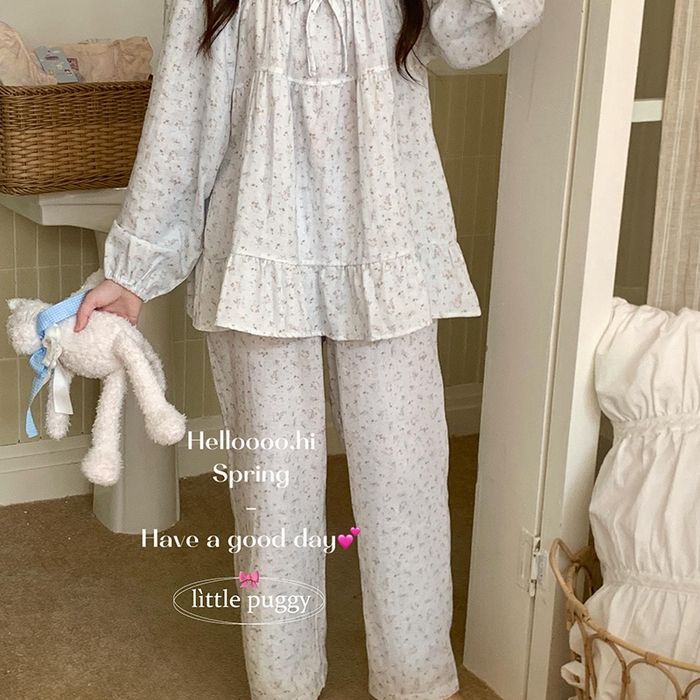 妍景家居生活馆 2026新款蝴蝶结双层纱碎花套装 雾蓝花语