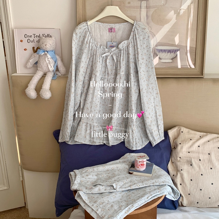 91家纺网 家纺一手货源 找家纺 妍景家居生活馆 2026新款蝴蝶结双层纱碎花套装 雾蓝花语