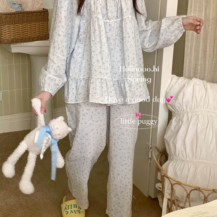 91家纺网 家纺一手货源 找家纺 妍景家居生活馆 2026新款蝴蝶结双层纱碎花套装 雾蓝花语