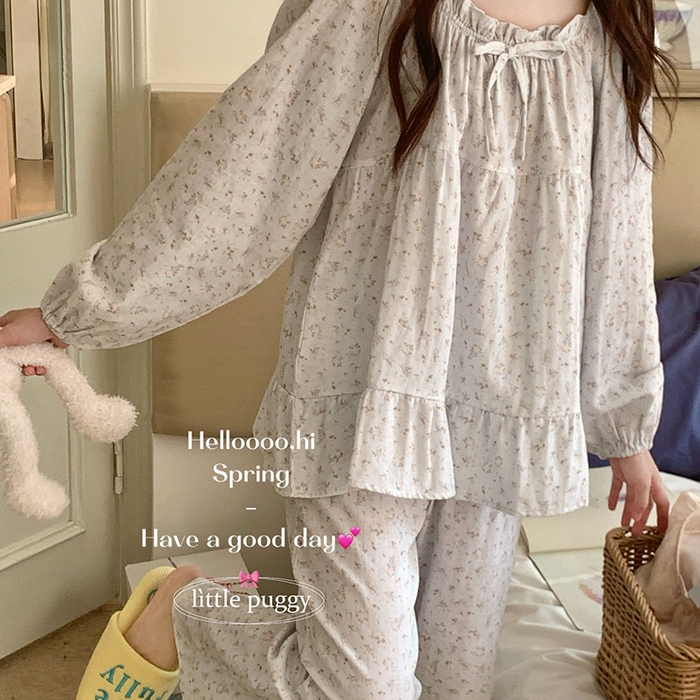 91家纺网 家纺一手货源 找家纺 妍景家居生活馆 2026新款蝴蝶结双层纱碎花套装 雾蓝花语