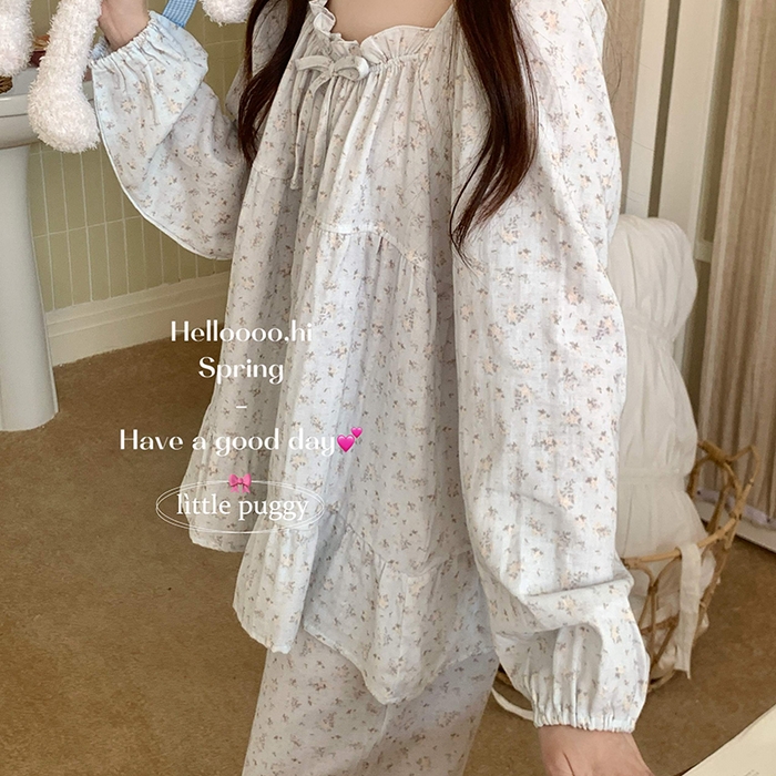 91家纺网 家纺一手货源 找家纺 妍景家居生活馆 2026新款蝴蝶结双层纱碎花套装 雾蓝花语