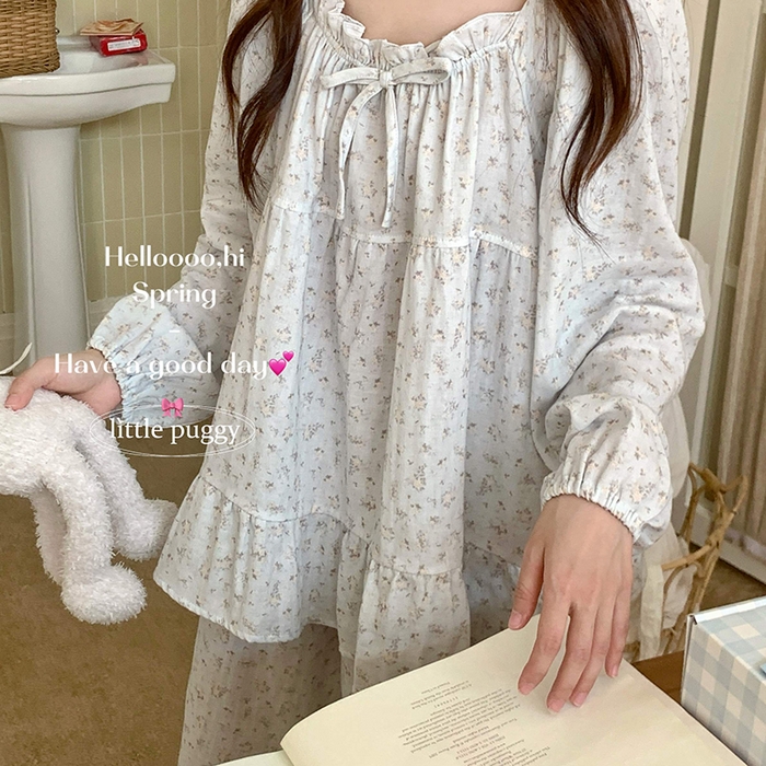 91家纺网 家纺一手货源 找家纺 妍景家居生活馆 2026新款蝴蝶结双层纱碎花套装 雾蓝花语