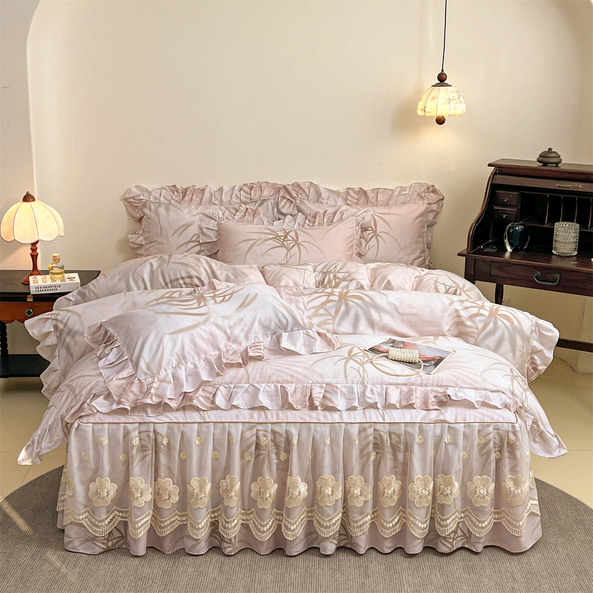 91家纺网 家纺一手货源 找家纺 宜凡家纺 2026新款全棉数码印花单层床裙四件套③号系列 竹影 粉