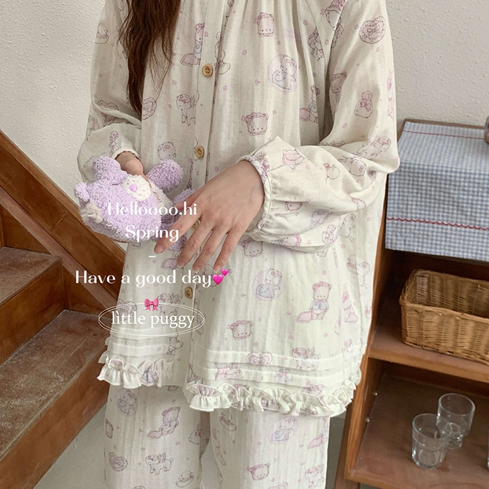 91家纺网 家纺一手货源 找家纺 妍景家居生活馆 2026新款木耳边纱布套装 米色礼物泡泡熊