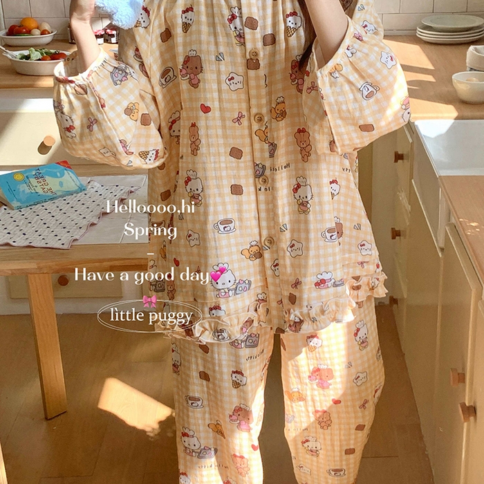 91家纺网 家纺一手货源 找家纺 妍景家居生活馆 2026新款木耳边纱布套装 黄格子雪糕小猫