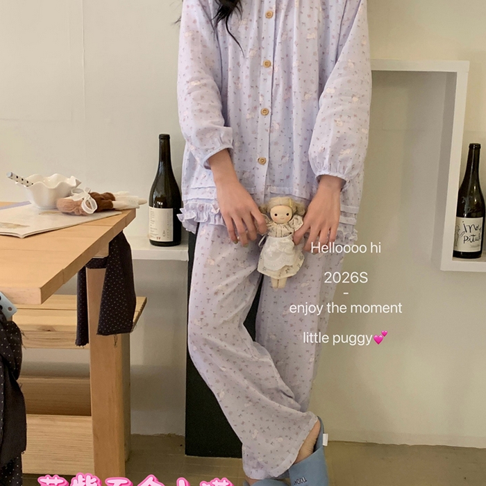 91家纺网 家纺一手货源 找家纺 妍景家居生活馆 2026新款木耳边纱布套装 蓝色波点小猫