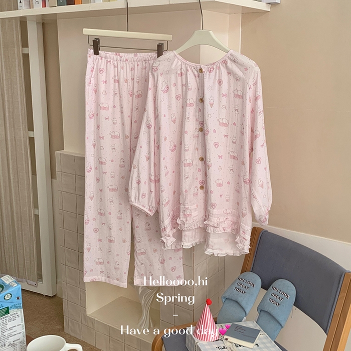 91家纺网 家纺一手货源 找家纺 妍景家居生活馆 2026新款木耳边纱布套装 粉色波点雪糕兔