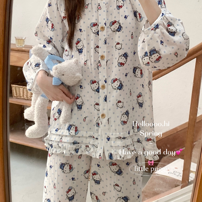 妍景家居生活馆 2026新款木耳边纱布套装 蓝紫百合小猫