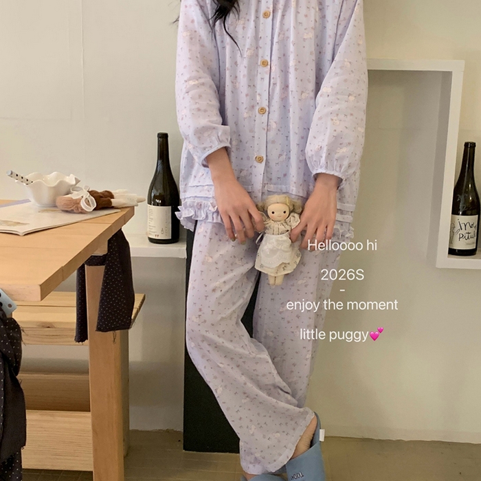 91家纺网 家纺一手货源 找家纺 妍景家居生活馆 2026新款木耳边纱布套装 蓝色波点小猫