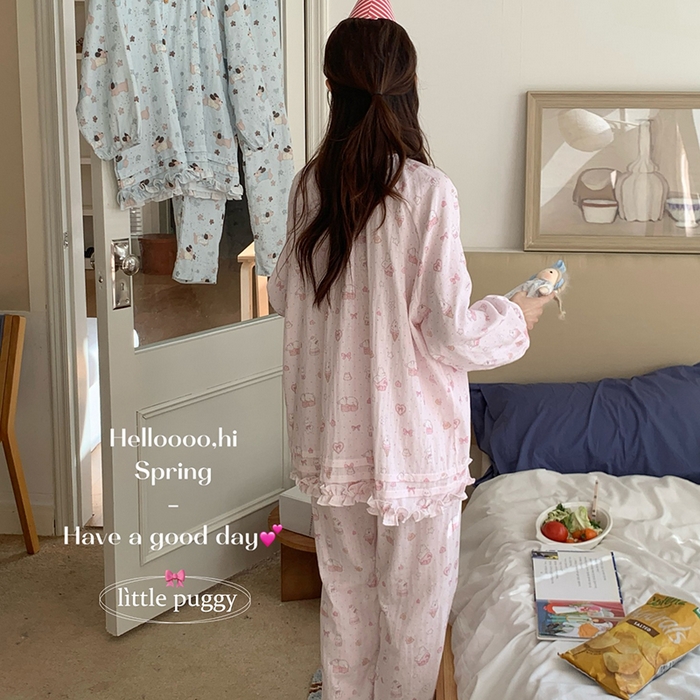 91家纺网 家纺一手货源 找家纺 妍景家居生活馆 2026新款木耳边纱布套装 粉色波点雪糕兔