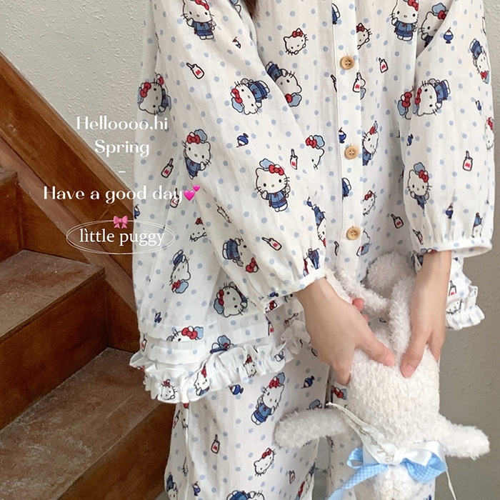 91家纺网 家纺一手货源 找家纺 妍景家居生活馆 2026新款木耳边纱布套装 蓝紫百合小猫