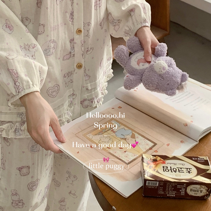 91家纺网 家纺一手货源 找家纺 妍景家居生活馆 2026新款木耳边纱布套装 米色礼物泡泡熊