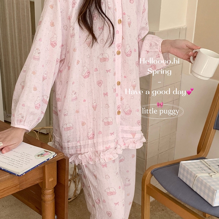 91家纺网 家纺一手货源 找家纺 妍景家居生活馆 2026新款木耳边纱布套装 粉色波点雪糕兔