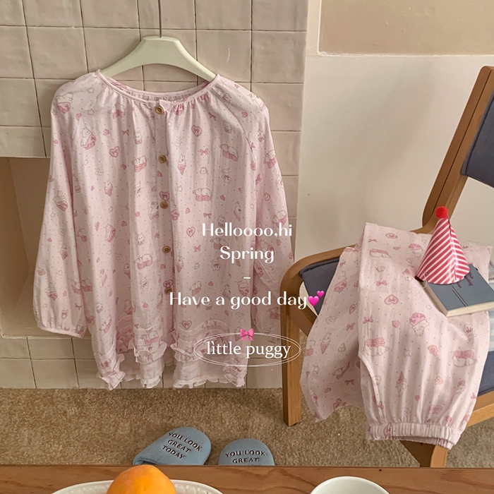 91家纺网 家纺一手货源 找家纺 妍景家居生活馆 2026新款木耳边纱布套装 粉色波点雪糕兔