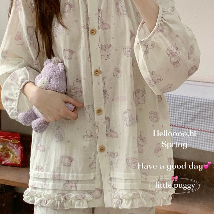 91家纺网 家纺一手货源 找家纺 妍景家居生活馆 2026新款木耳边纱布套装 米色礼物泡泡熊