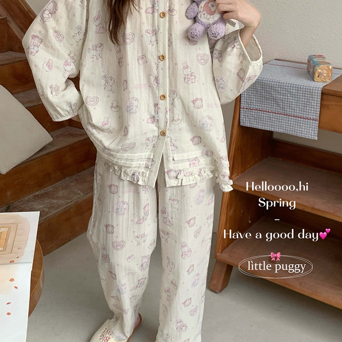 91家纺网 家纺一手货源 找家纺 妍景家居生活馆 2026新款木耳边纱布套装 米色礼物泡泡熊