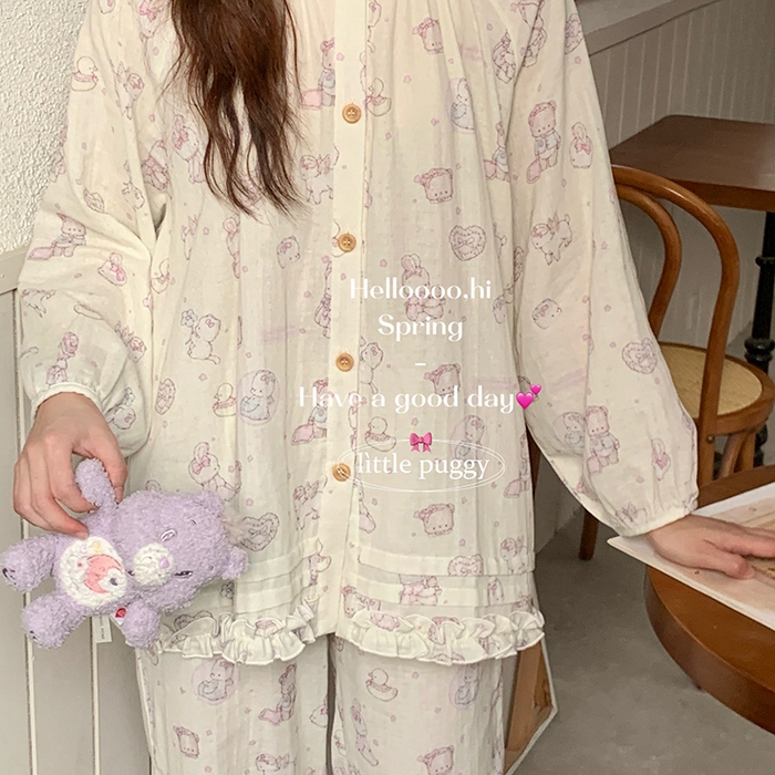 91家纺网 家纺一手货源 找家纺 妍景家居生活馆 2026新款木耳边纱布套装 米色礼物泡泡熊