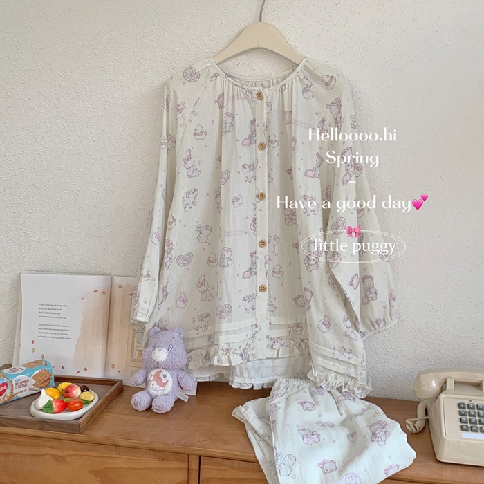 91家纺网 家纺一手货源 找家纺 妍景家居生活馆 2026新款木耳边纱布套装 米色礼物泡泡熊