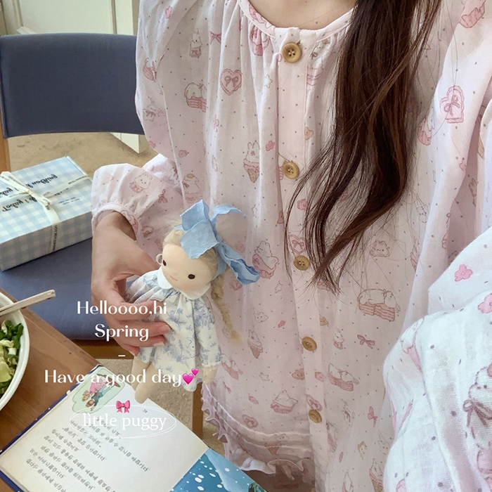 91家纺网 家纺一手货源 找家纺 妍景家居生活馆 2026新款木耳边纱布套装 粉色波点雪糕兔