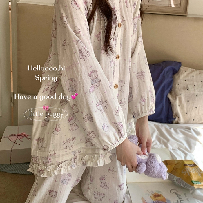 91家纺网 家纺一手货源 找家纺 妍景家居生活馆 2026新款木耳边纱布套装 米色礼物泡泡熊