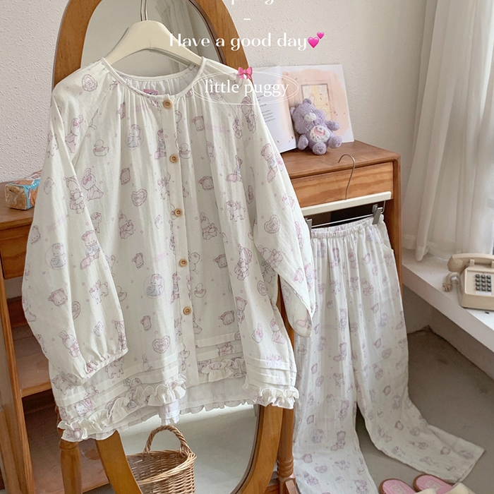 91家纺网 家纺一手货源 找家纺 妍景家居生活馆 2026新款木耳边纱布套装 米色礼物泡泡熊