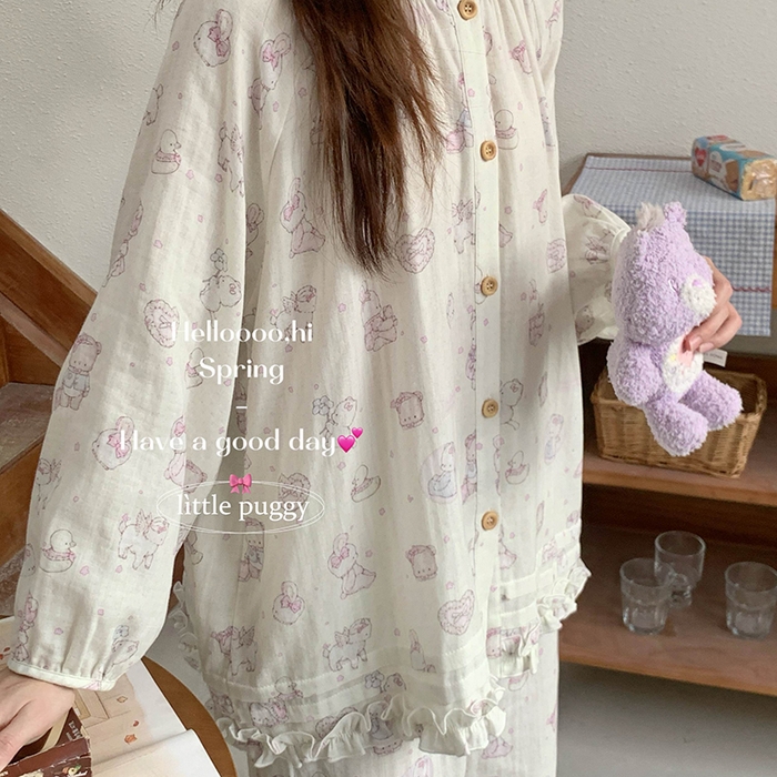 91家纺网 家纺一手货源 找家纺 妍景家居生活馆 2026新款木耳边纱布套装 米色礼物泡泡熊