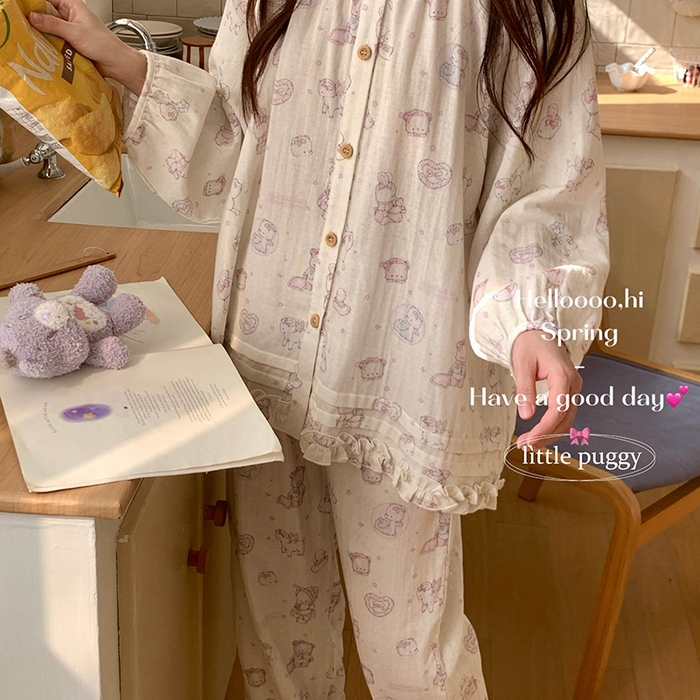 91家纺网 家纺一手货源 找家纺 妍景家居生活馆 2026新款木耳边纱布套装 米色礼物泡泡熊