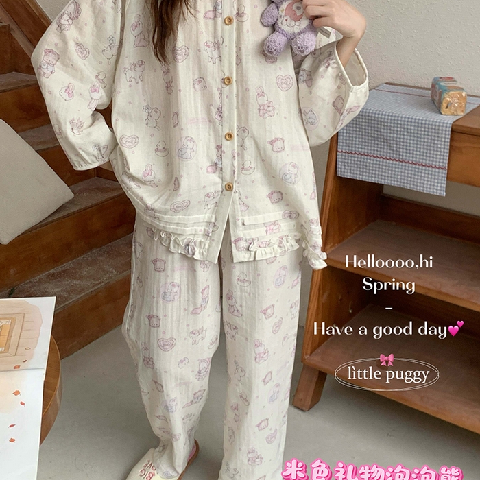 91家纺网 家纺一手货源 找家纺 妍景家居生活馆 2026新款木耳边纱布套装 米色礼物泡泡熊