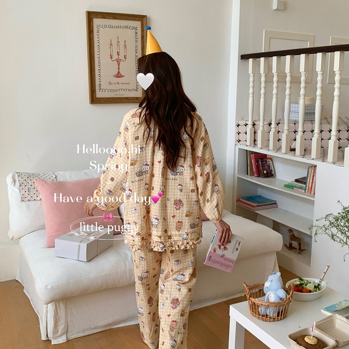 91家纺网 家纺一手货源 找家纺 妍景家居生活馆 2026新款木耳边纱布套装 黄格子雪糕小猫