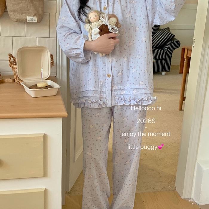 91家纺网 家纺一手货源 找家纺 妍景家居生活馆 2026新款木耳边纱布套装 蓝色波点小猫