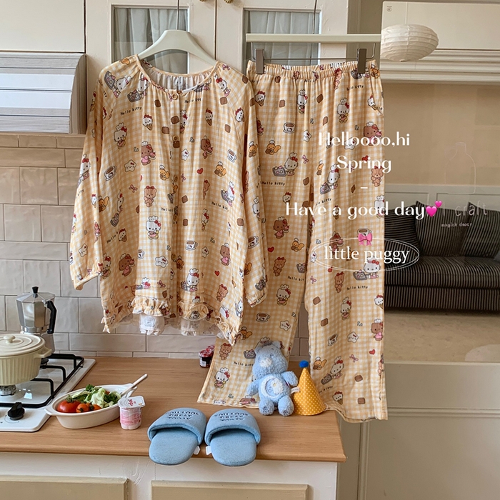 91家纺网 家纺一手货源 找家纺 妍景家居生活馆 2026新款木耳边纱布套装 黄格子雪糕小猫