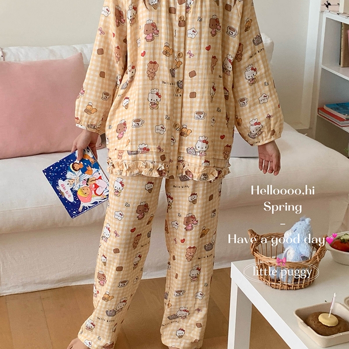 91家纺网 家纺一手货源 找家纺 妍景家居生活馆 2026新款木耳边纱布套装 黄格子雪糕小猫