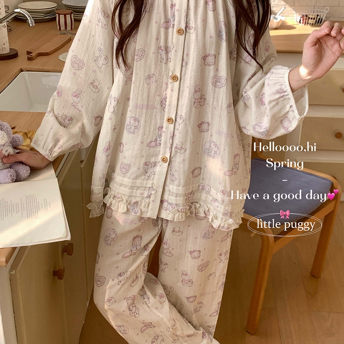 91家纺网 家纺一手货源 找家纺 妍景家居生活馆 2026新款木耳边纱布套装 米色礼物泡泡熊