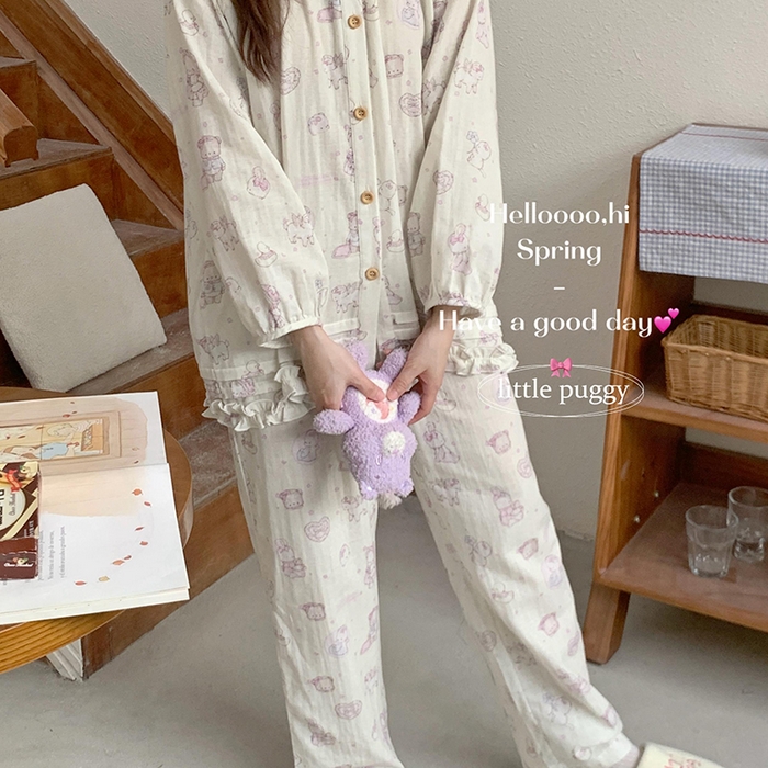 91家纺网 家纺一手货源 找家纺 妍景家居生活馆 2026新款木耳边纱布套装 米色礼物泡泡熊