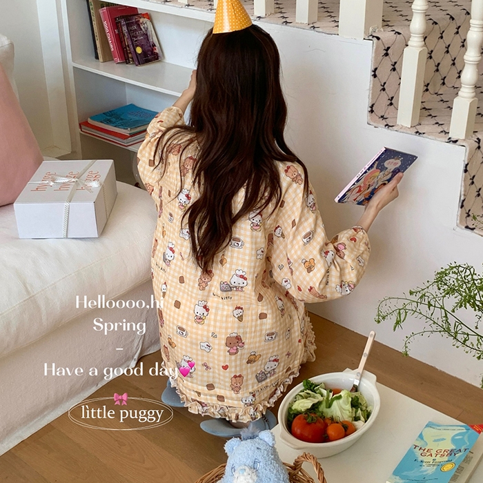 91家纺网 家纺一手货源 找家纺 妍景家居生活馆 2026新款木耳边纱布套装 黄格子雪糕小猫