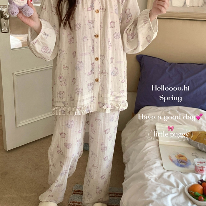 91家纺网 家纺一手货源 找家纺 妍景家居生活馆 2026新款木耳边纱布套装 米色礼物泡泡熊